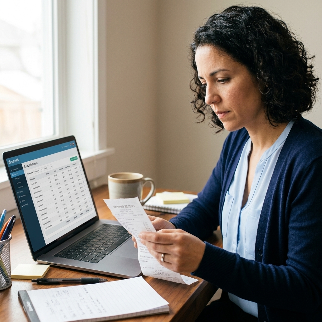 An HR coordinator reviewing an expense reimbursement receipt next to a laptop with payroll software open on a desk