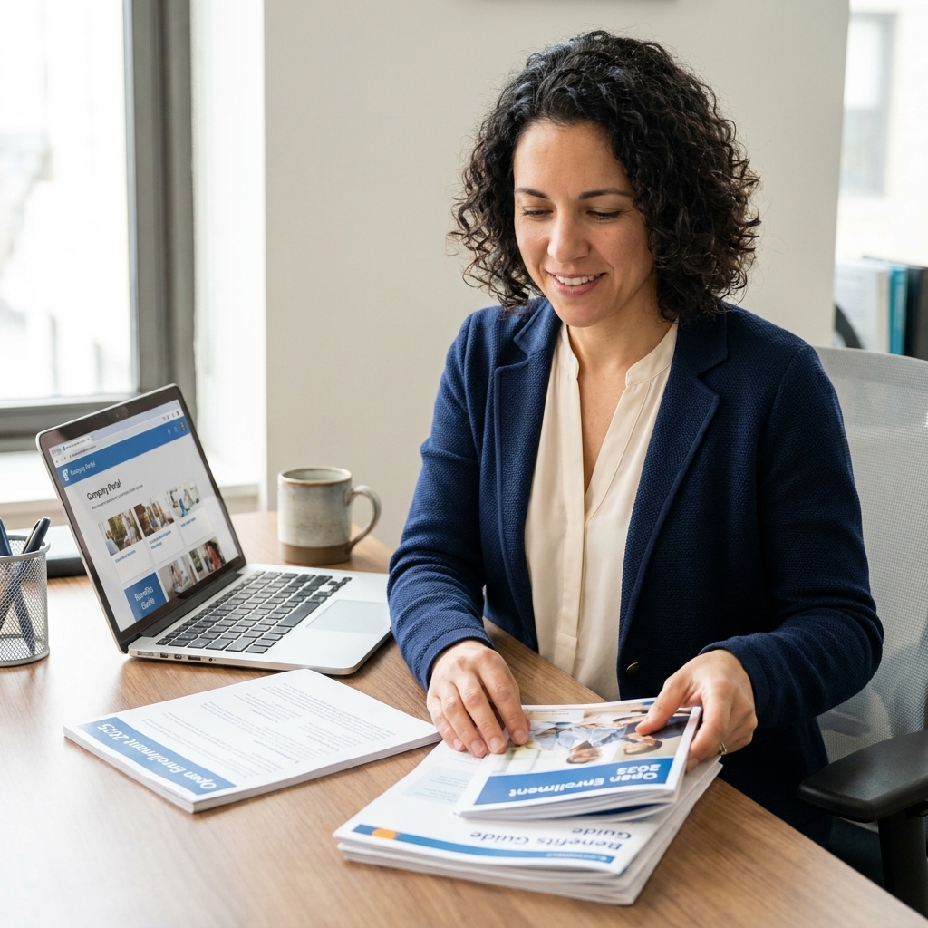 An HR manager organizing open enrollment materials at a desk with a laptop and printed forms