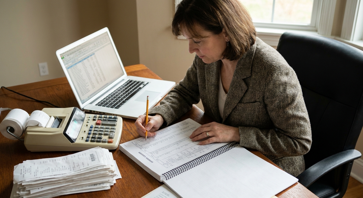 An accountant at a desk reviewing a general ledger printout with a calculator and a laptop open beside a stack of receipts