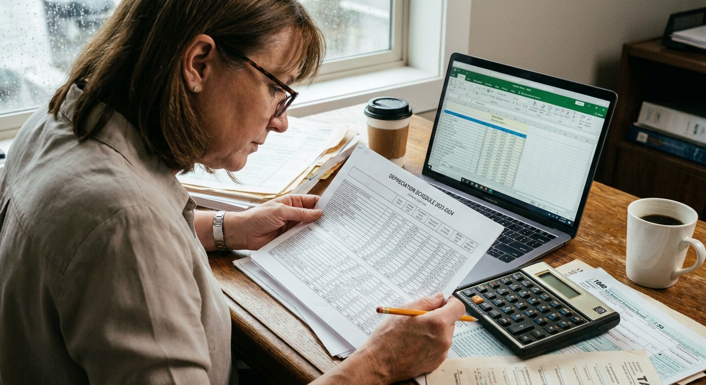 An accountant at a desk reviewing a printed depreciation schedule with a calculator and a laptop nearby.