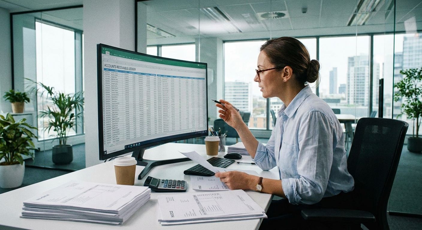 An accountant in a modern office reviewing an accounts receivable ledger on a computer monitor with printed invoices on the desk