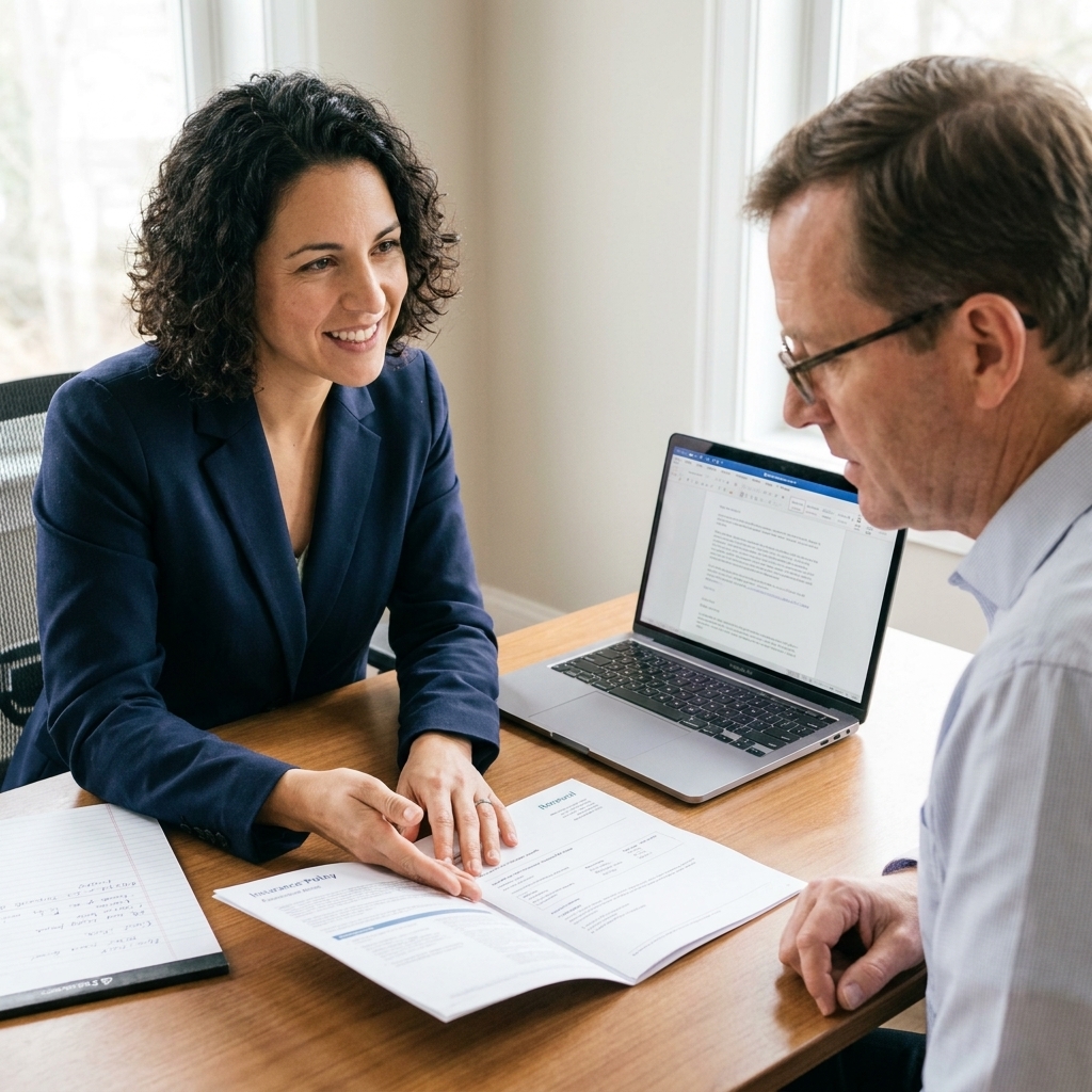 An advisor and a client reviewing an insurance policy packet and renewal documents at a desk with a laptop and a notepad