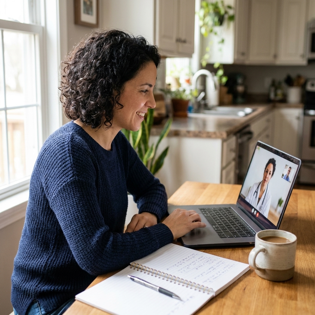 An employee sitting at a kitchen table having a telehealth appointment on a laptop, with a notebook and a mug nearby
