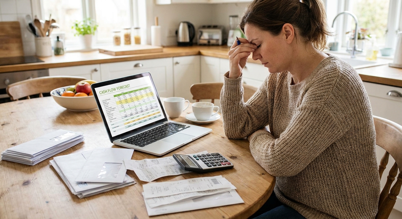 An entrepreneur at a kitchen table reviewing a laptop spreadsheet and paper bills, focusing on cash flow planning