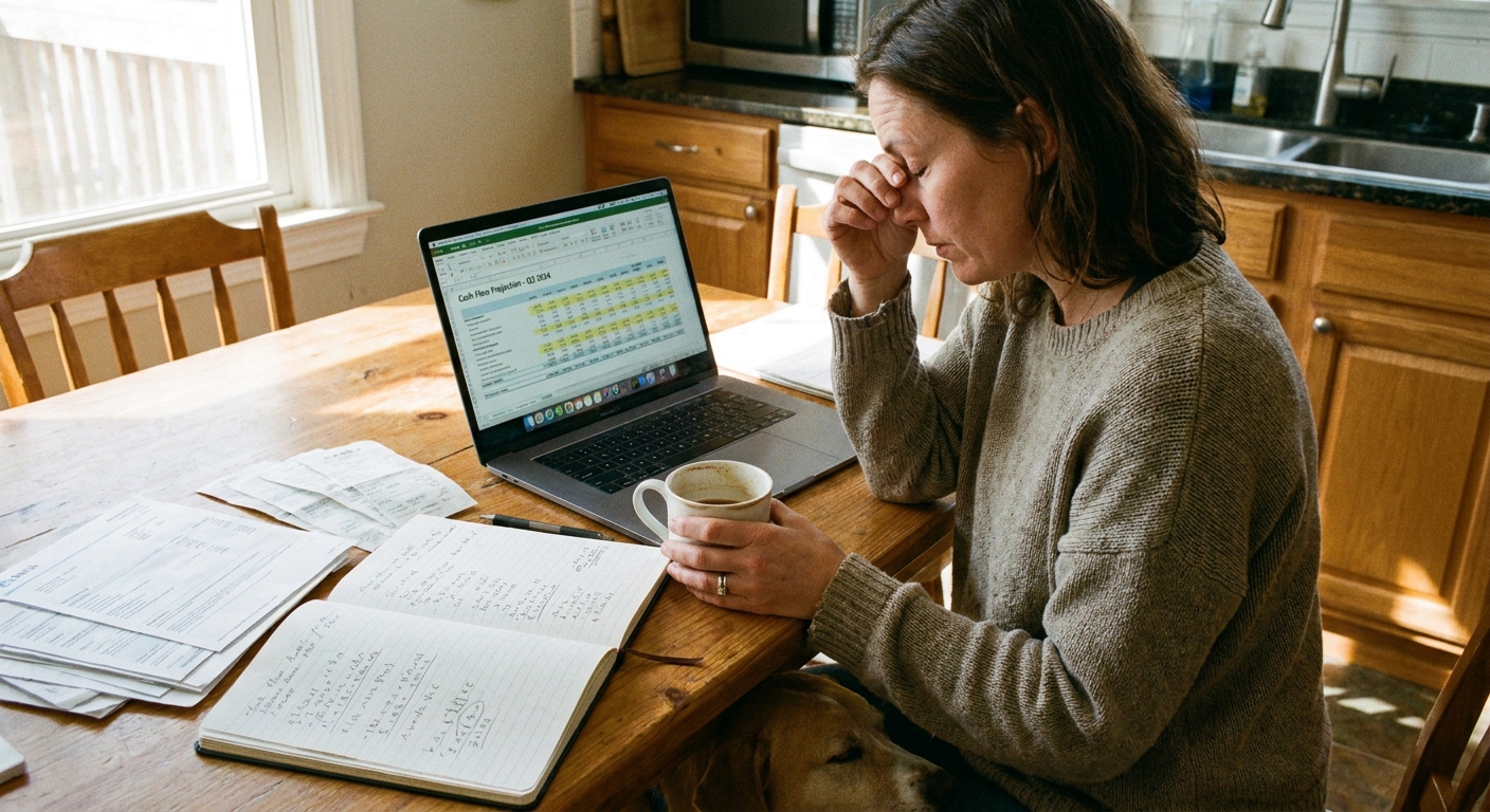 An entrepreneur reviewing a cash flow report on a laptop at a kitchen table with a notebook and bank statements spread out