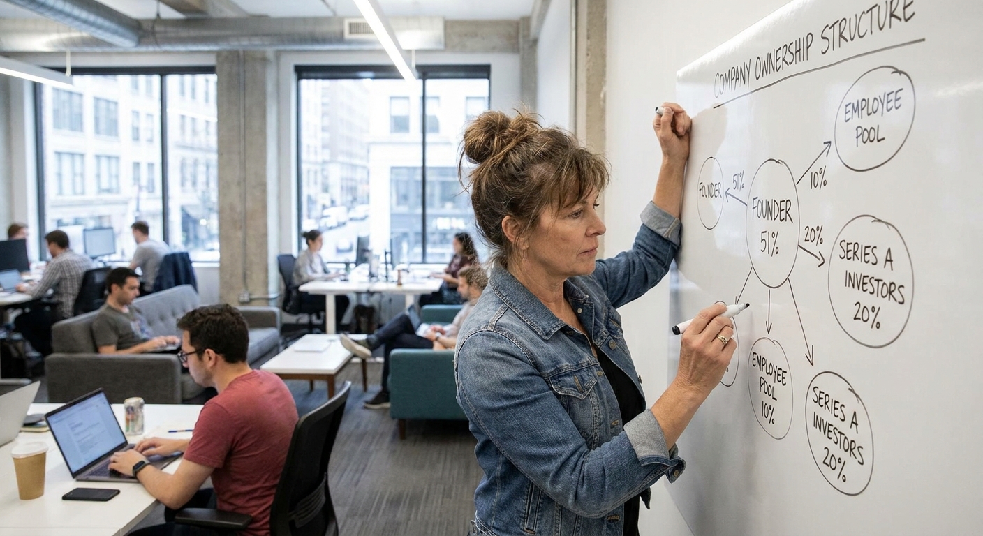 An entrepreneur standing at a whiteboard reviewing a hand-drawn company ownership structure, office setting
