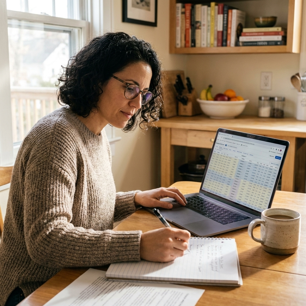 An investor at a kitchen table reviewing an options contract chain on a laptop while taking notes, focused and calm in a real home setting