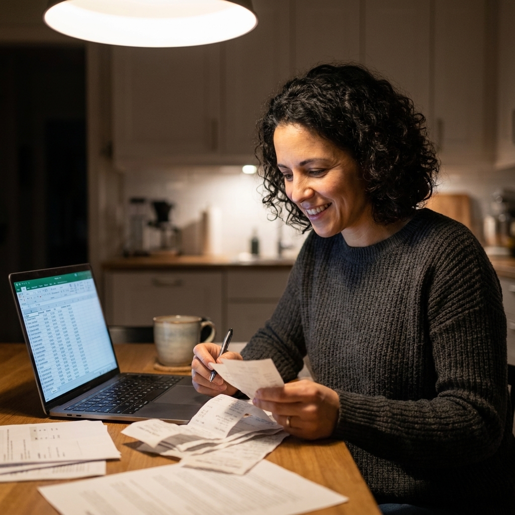 An investor at a kitchen table reviewing rental property expense receipts and a spreadsheet on a laptop in the evening.