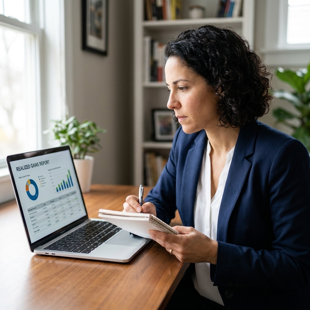 An investor looking at a realized gains report on a laptop screen while holding a pen and notebook
