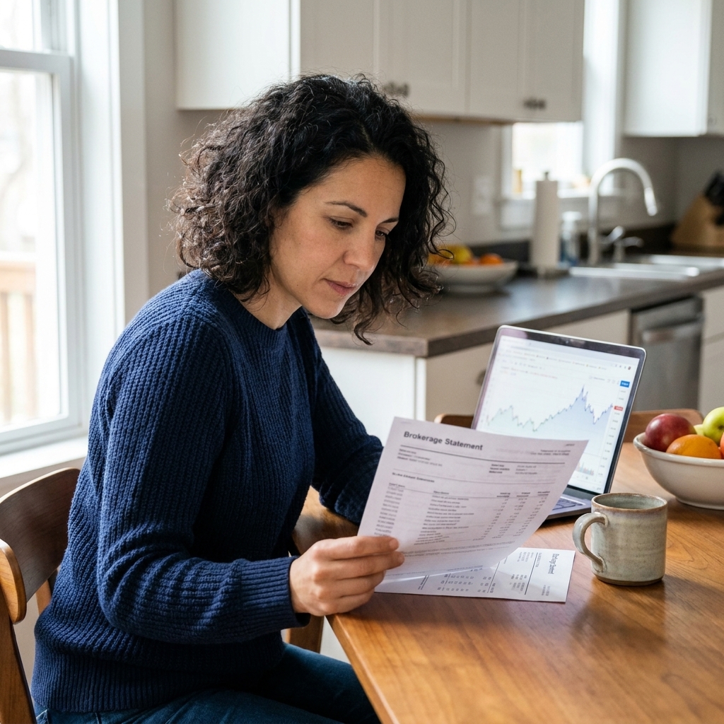 An investor seated at a kitchen table looking at a printed brokerage statement next to an open laptop