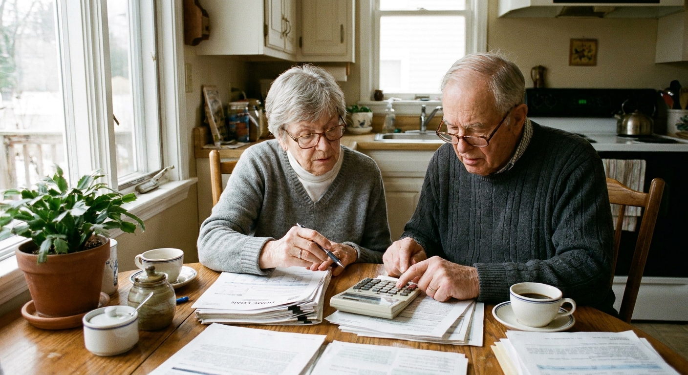 An older couple sitting at a kitchen table reviewing home loan paperwork and a calculator in natural light.