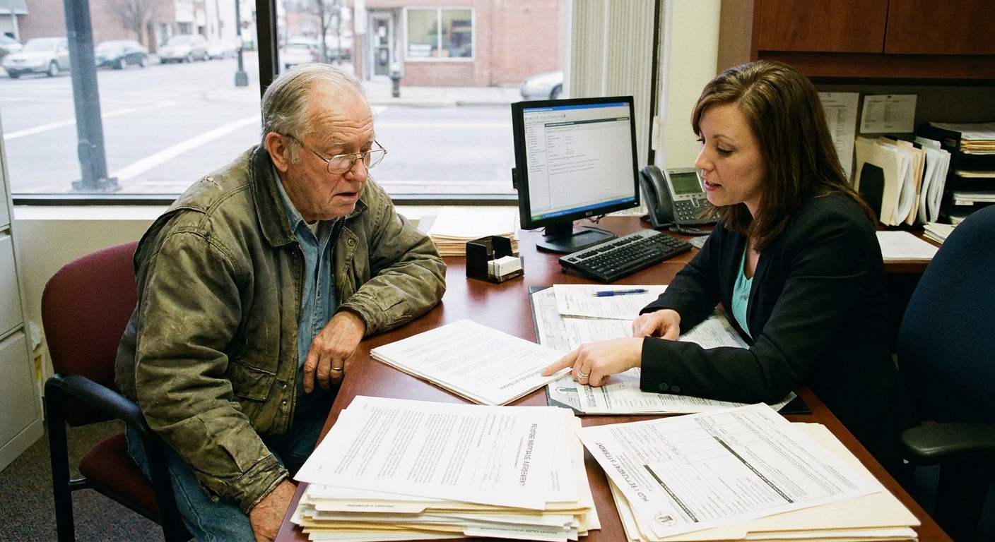 An older homeowner sitting across from a loan officer in an office reviewing loan documents.