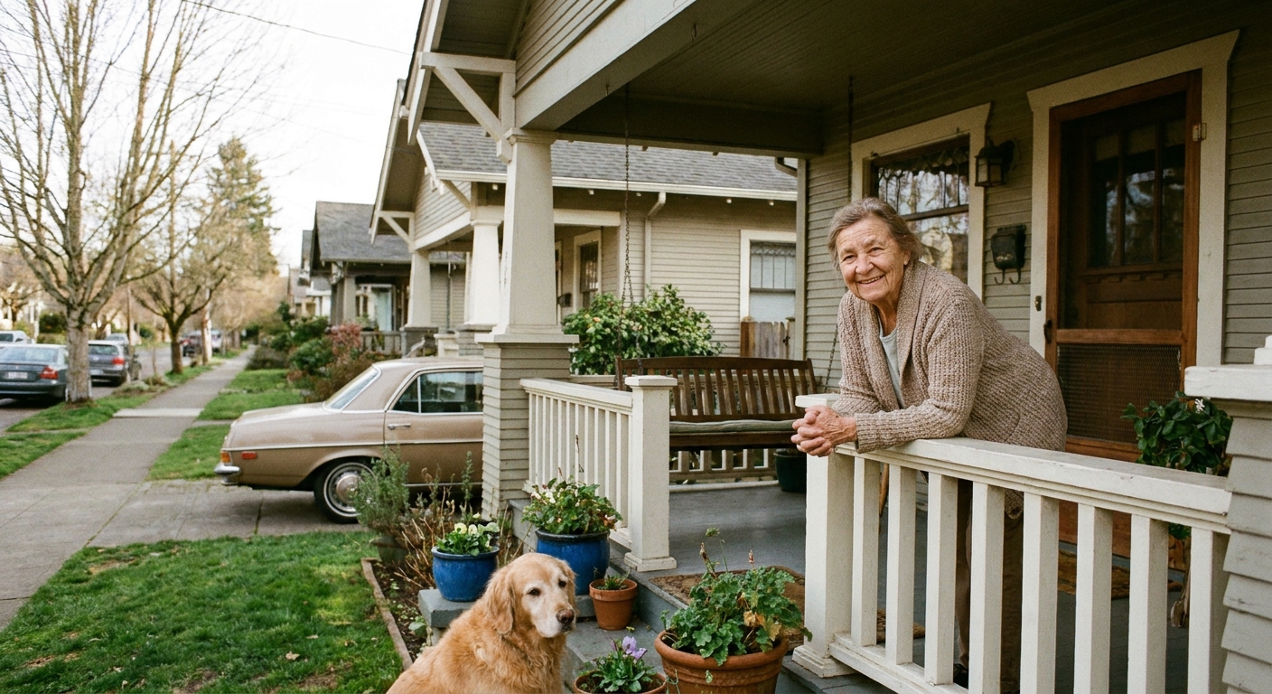 An older homeowner standing on the front porch of a single-family home in a quiet neighborhood.