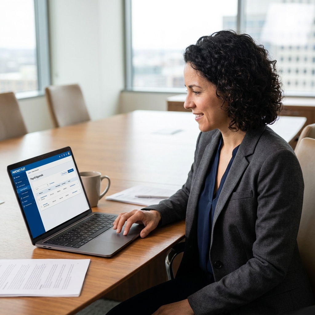 An operations manager reviewing payroll approvals on a laptop with a Paychex Flex-style interface while seated at a conference table