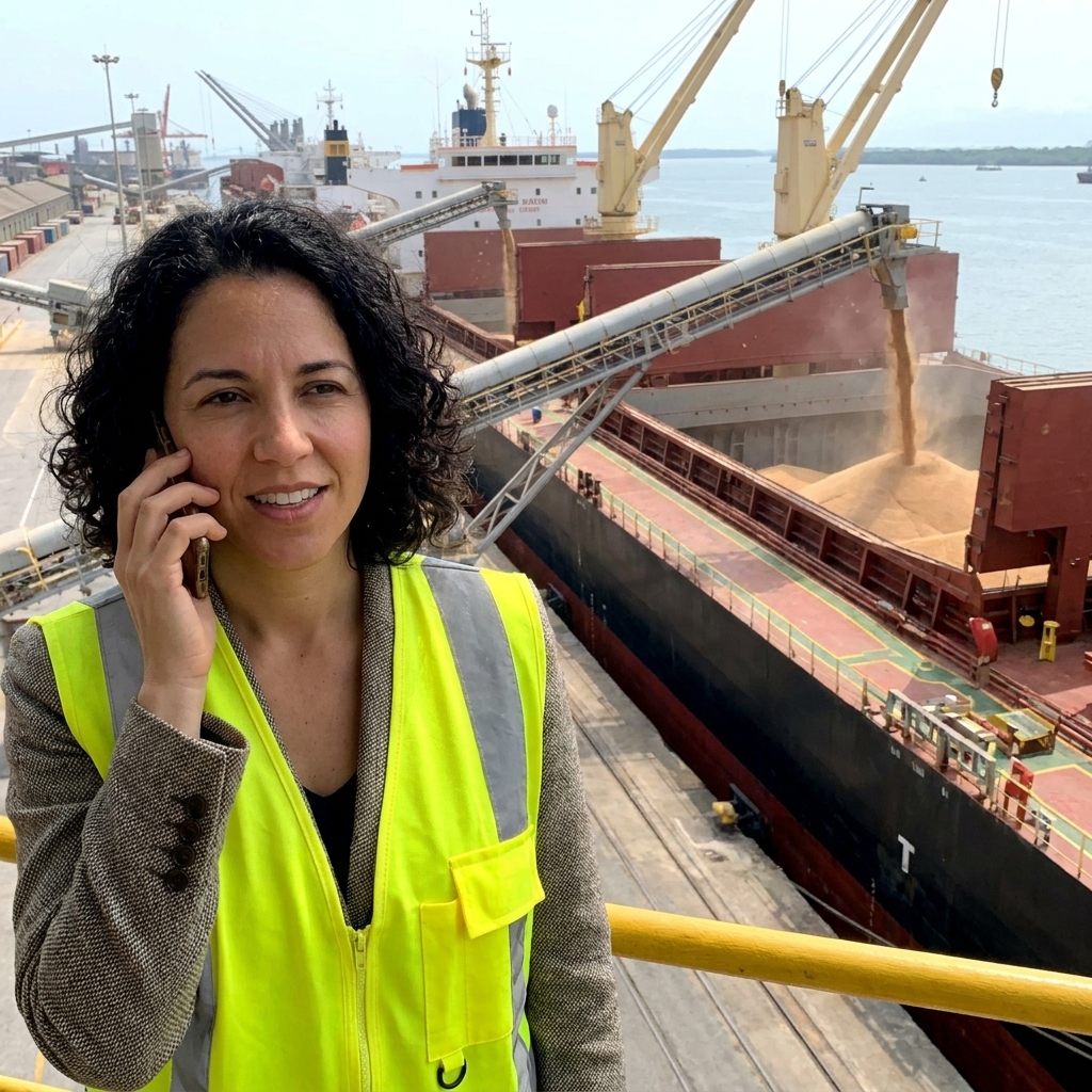 Bulk carriers docked at the Port of Santos as grain conveyors load an export terminal