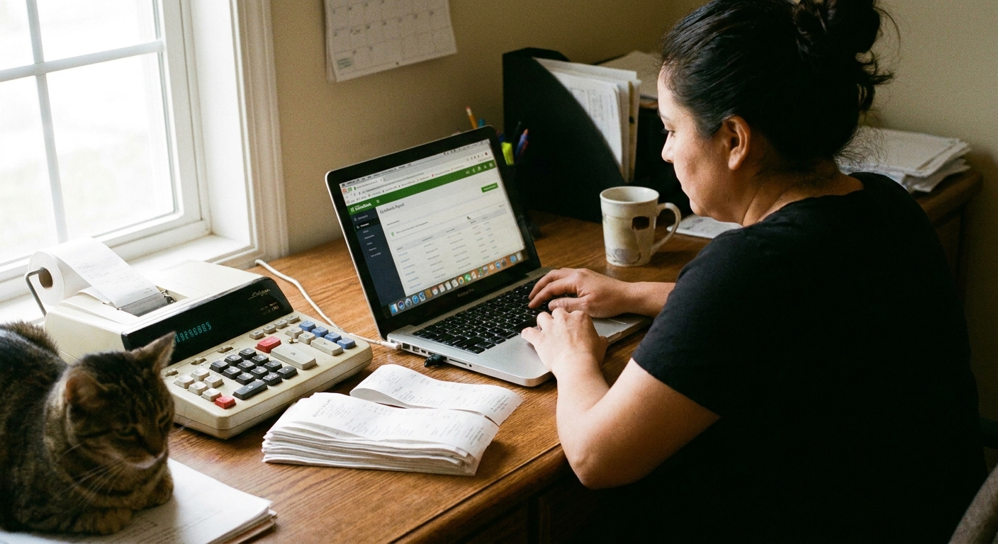 Business owner using payroll software on a laptop with a calculator and neatly stacked receipts on a desk