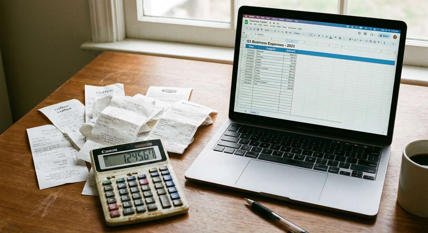 Business receipts next to a calculator and a laptop open to an expense tracker spreadsheet