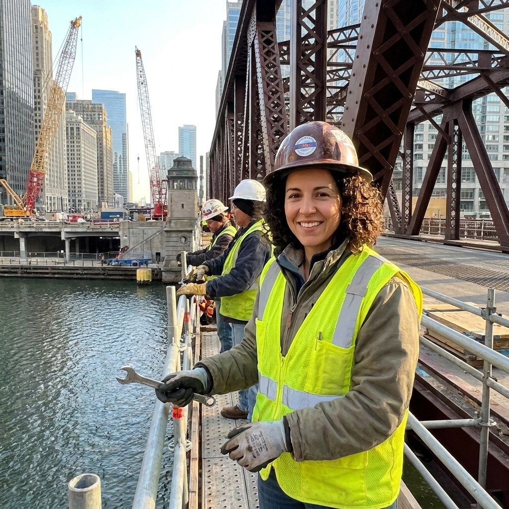 Construction workers in safety vests repairing a large steel bridge over a river in Chicago with cranes and scaffolding visible in daylight.