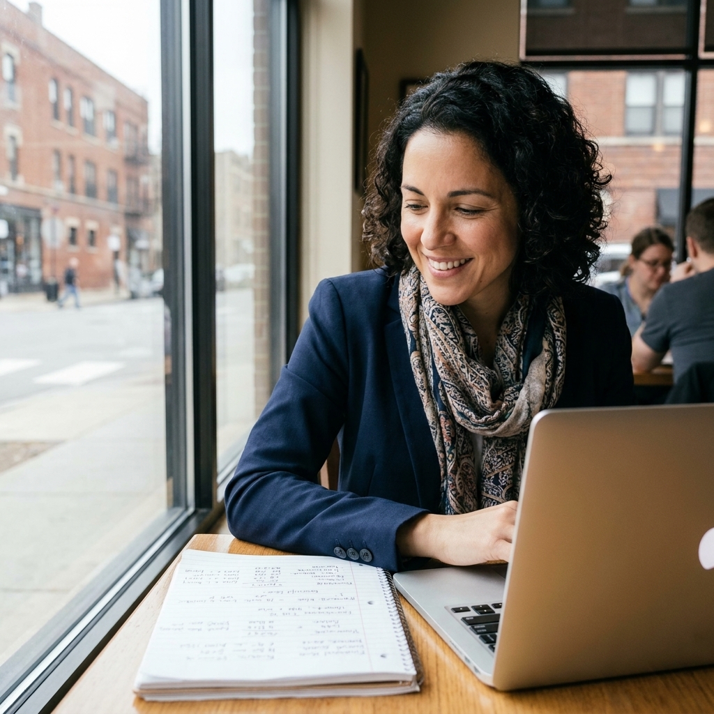 Elena Navarro sitting at a café table in Chicago with a notebook and laptop, smiling warmly as she reviews financial notes in natural window light