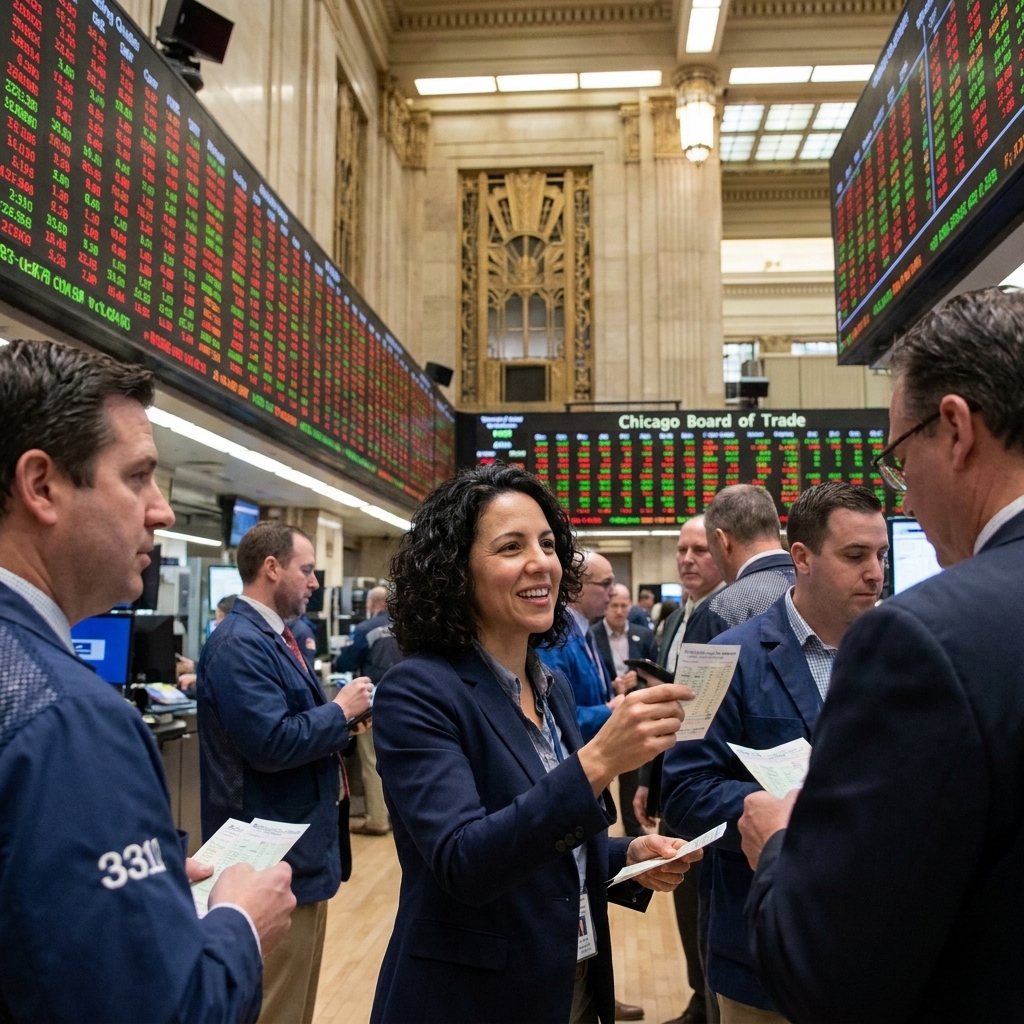 People working inside the Chicago Board of Trade building with electronic quote boards visible