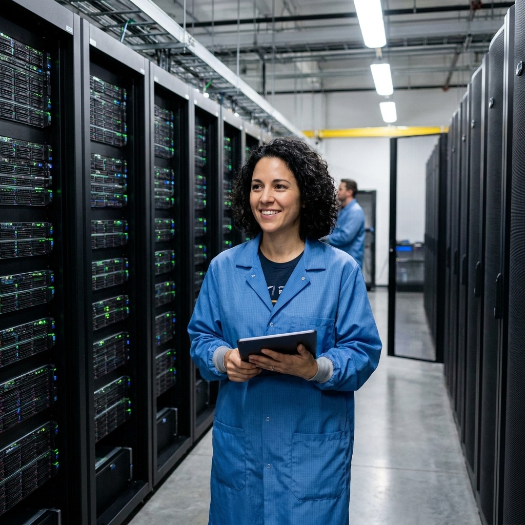 Rows of servers inside a brightly lit cloud computing data center with technicians walking down the aisle
