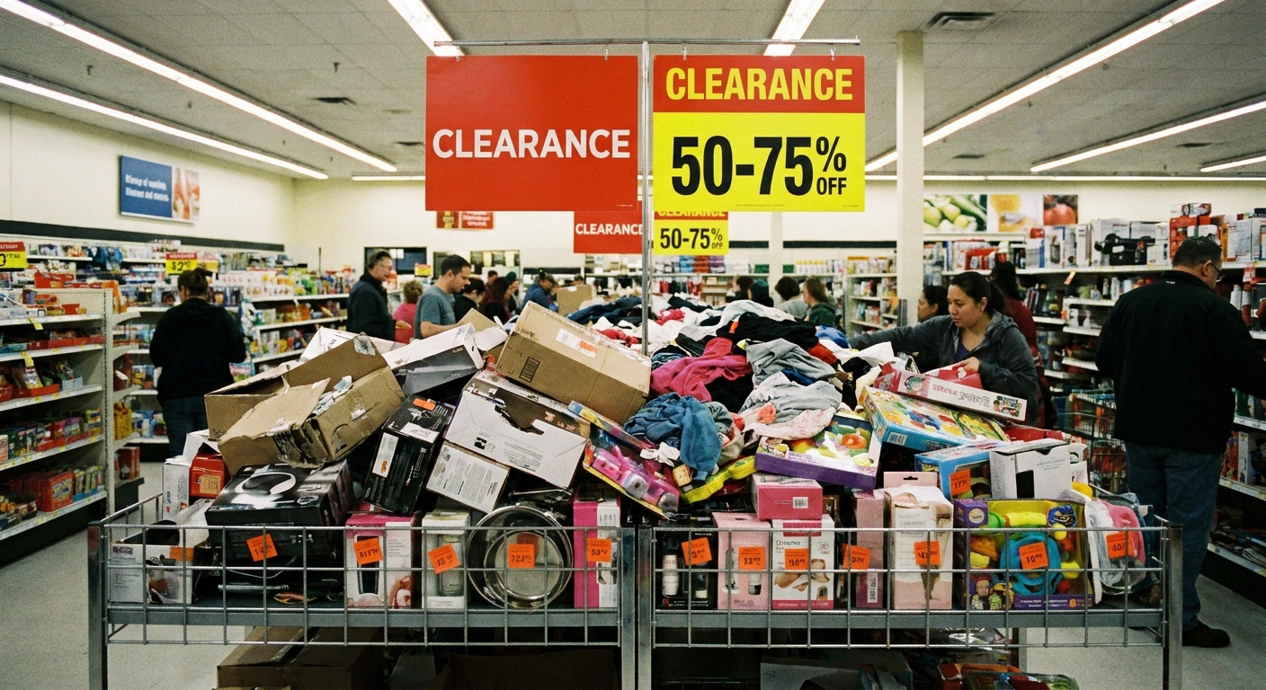 Store aisle with a clearance rack of discounted products