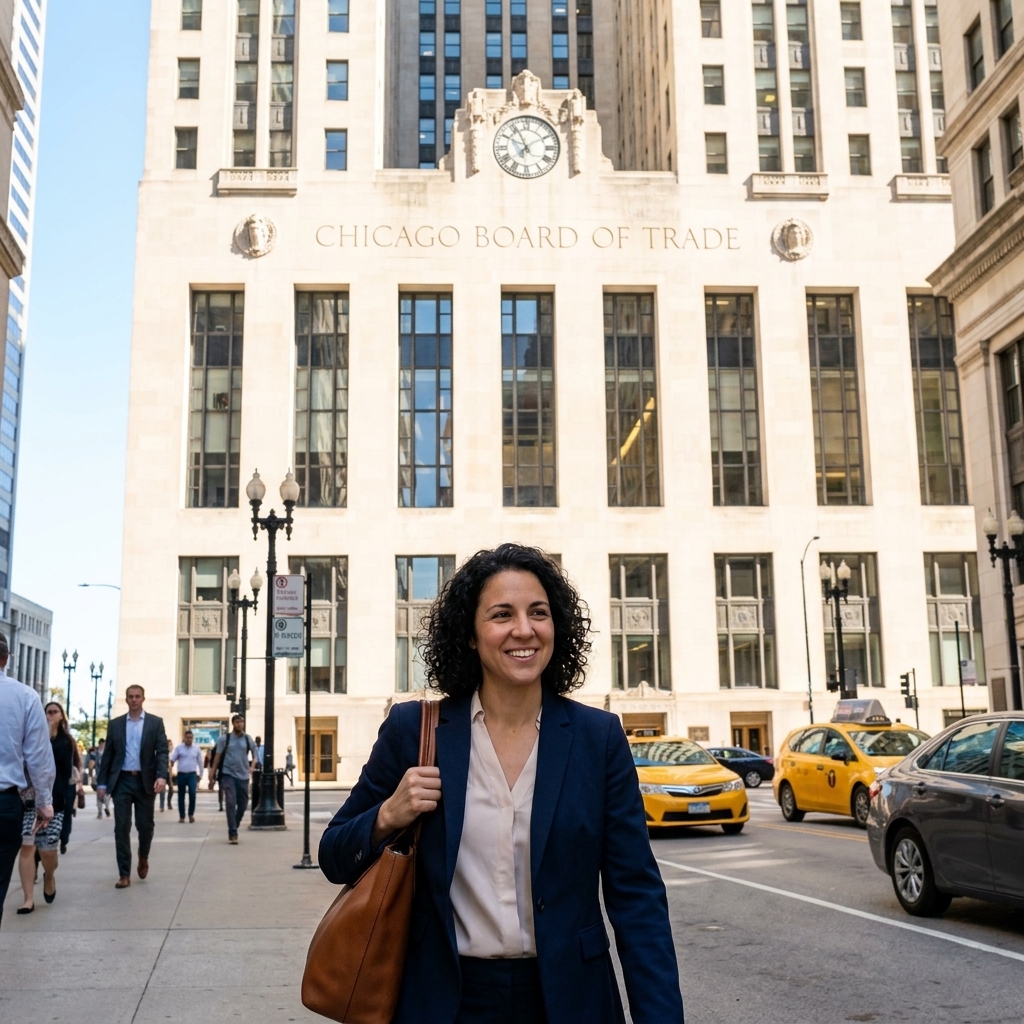 The Chicago Board of Trade building on a clear day, with pedestrians nearby and city traffic in the foreground