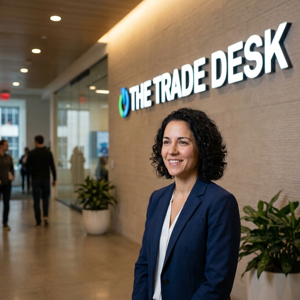 The Trade Desk company logo displayed on signage in an office or event setting