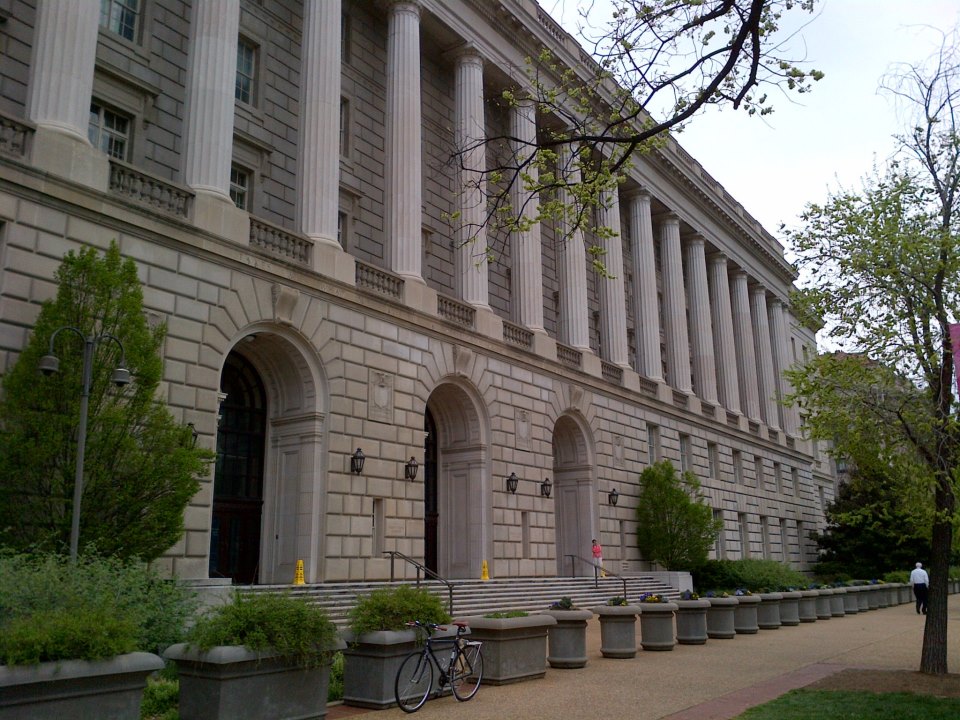 The exterior of the Internal Revenue Service headquarters building in Washington, DC on a clear day