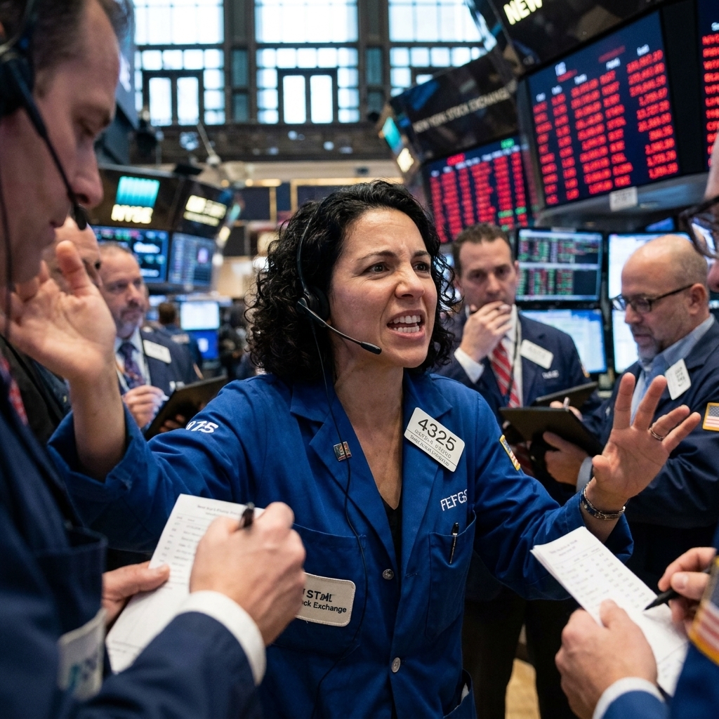 Traders working on the floor of the New York Stock Exchange during a volatile market session.